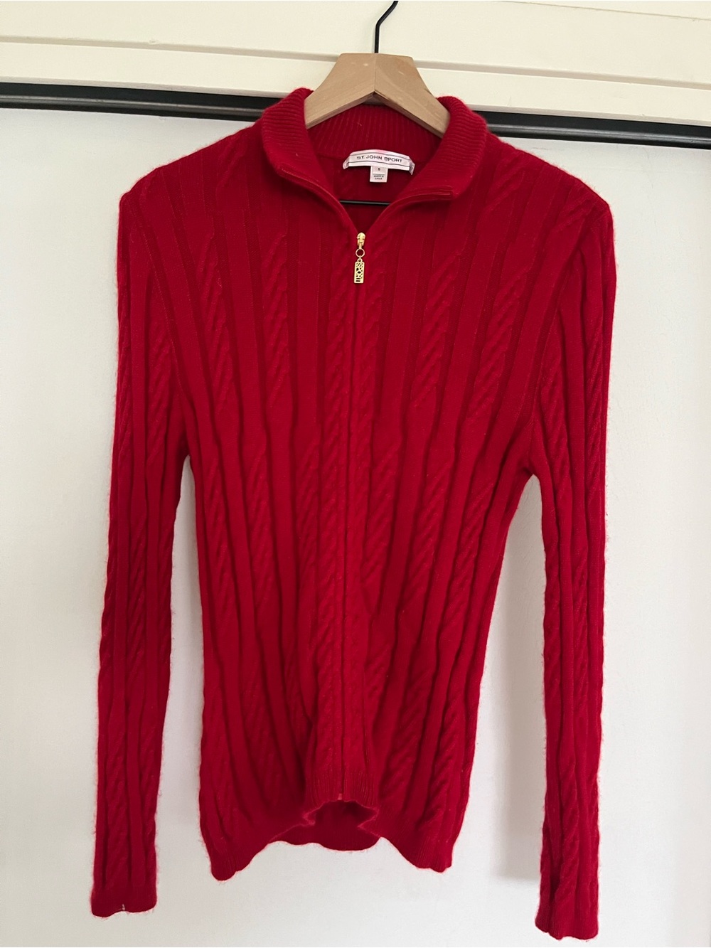 St. John Sport Red Cable Knit Zip Sweater
